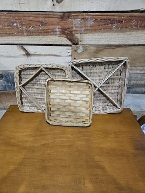 Natural Woven Square Basket Trays- Neutral Lot of 3